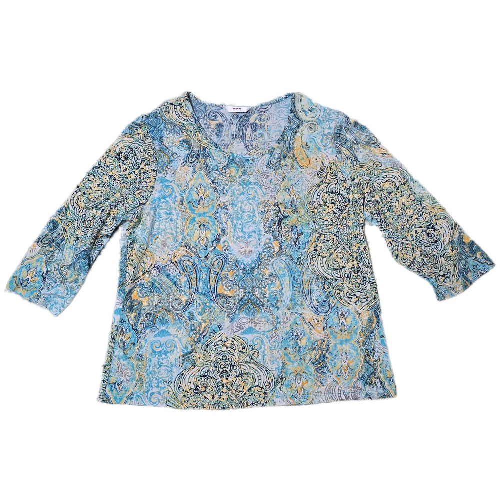 Alia Petite Women's Blue Paisley Print 3/4 Sleeve V Neck Top‎ (K)